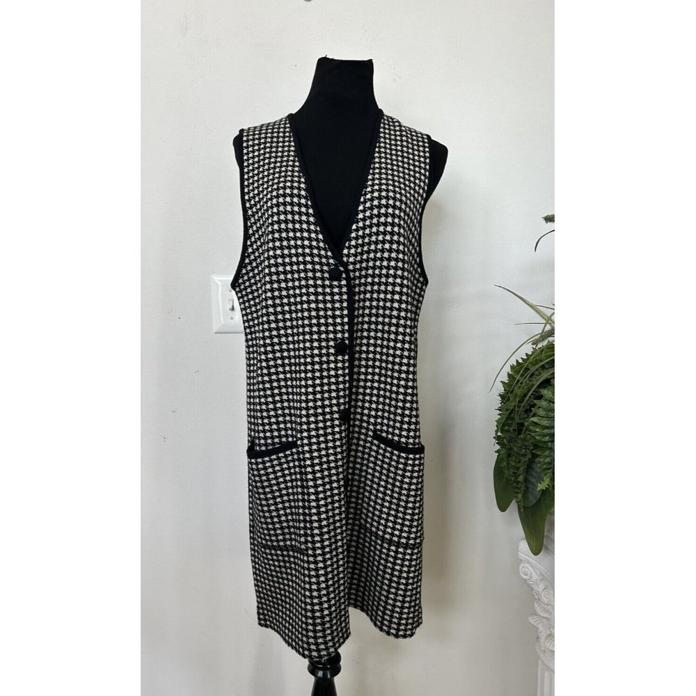 Field Manor Houndstooth Sleeveless 100% Merino Wool Sweater Dress Black Size L